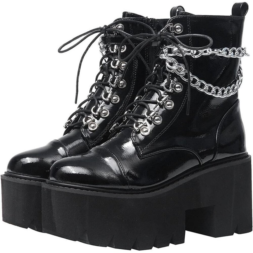 Women's Polyurethane (PU) Black Chunky Wedge Lace Up & Zipper Ankle Heel Boots